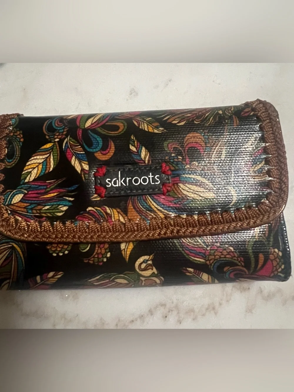 Sakroots BOHO Coated Canvas Trifold Wallet Feather Colorful Feather Bird Print